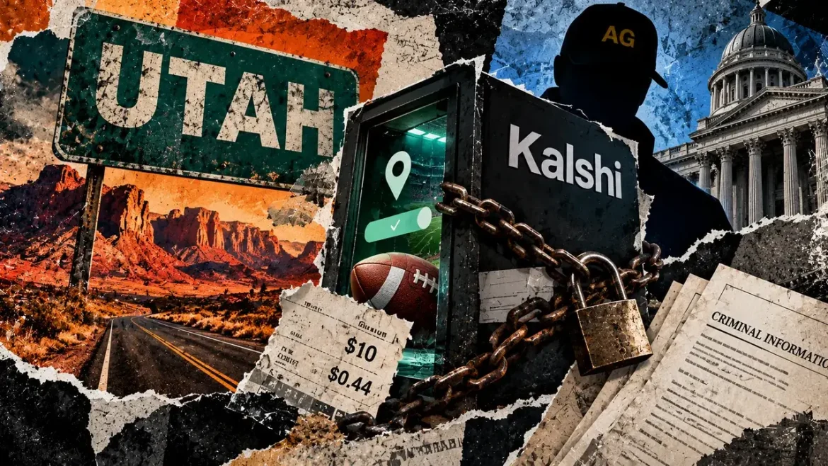 1. A chained Kalshi access kiosk sits between Utah location evidence, sports trading receipts, and criminal case imagery.